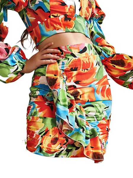 

sbetro floral print ruffle trim draped ruched bodycon skirt p7zt#, Black