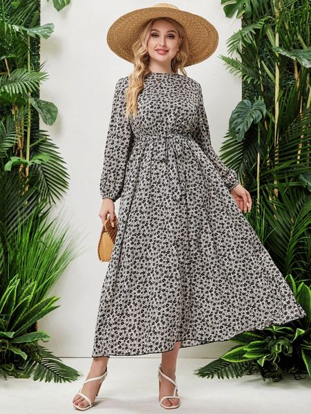 

plus ditsy floral lantern sleeve belted dress g8zs#, Black