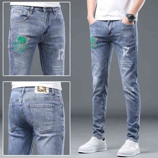 

men's embroidered jeans men's 2022 new printed casual pants slim fit feet elastic spring and summer fashion brand, Blue