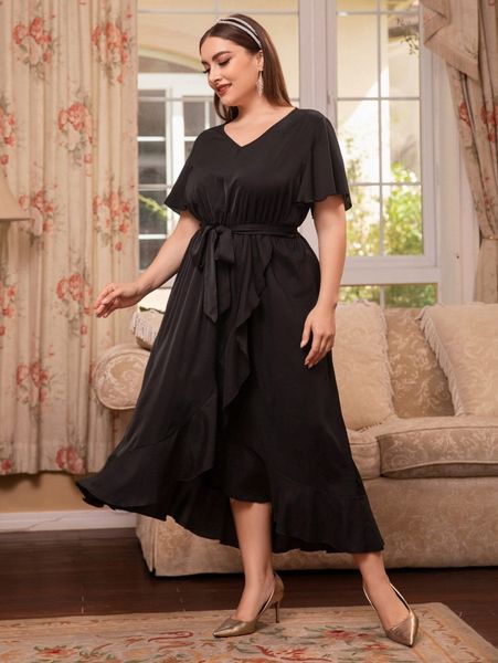 

plus butterfly sleeve ruffle trim wrap belted dress x4n9#, Black
