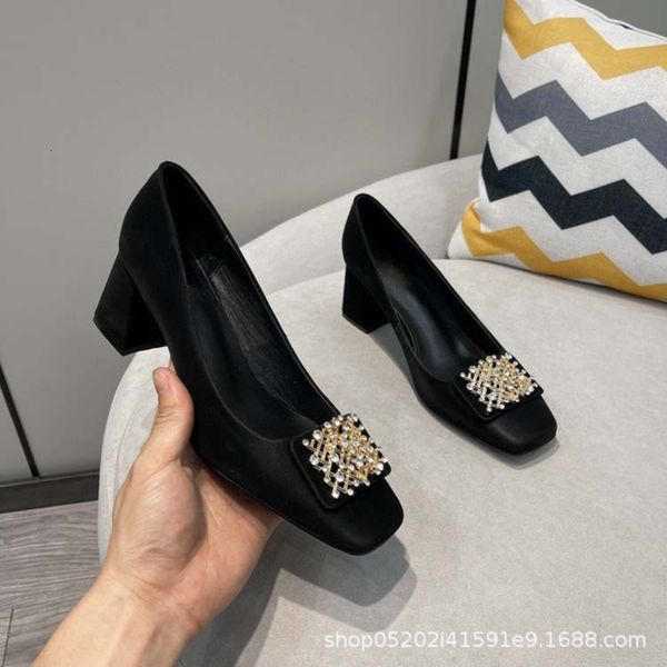 

sandals square head thick heel cow leather single shoes women's summer fashion shallow mouth high heels for women, Black