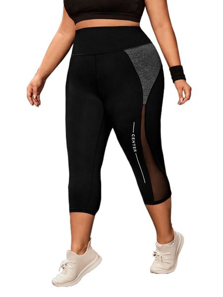 

plus letter graphic colorblock contrast mesh sports leggings u0sd#, Black