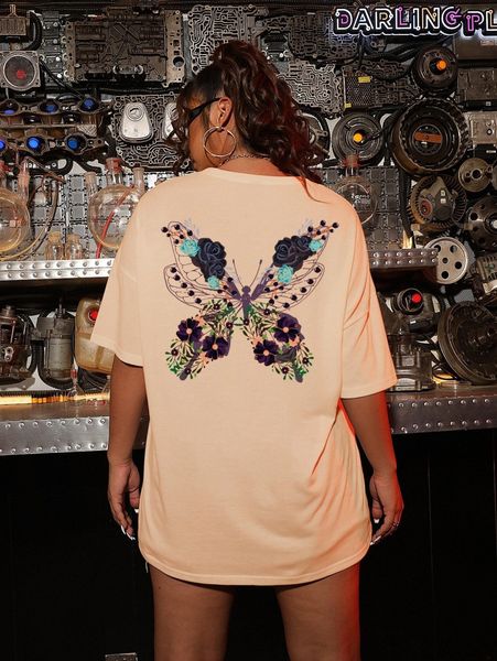 

plus butterfly & floral print drop shoulder tee m1jk#, Black
