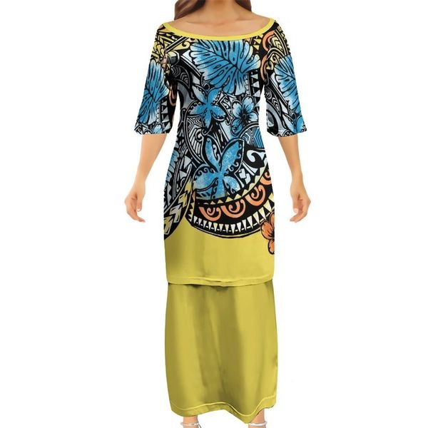 

moq1 fashion women club bodycon dresses samoan puletasi polynesian traditional tribal unique design dress 2 piece set 220706, White