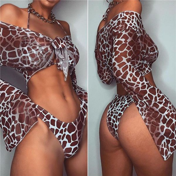 Mulheres Swimwear Feminino Mulheres Sexy Ternos Banhos Biquini Three-Peça Terno Proteção Sun Natação Para Leopard Imprimir