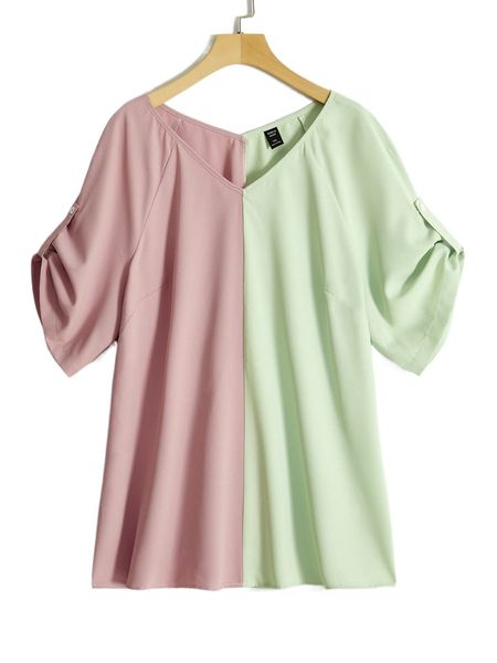

plus two tone roll up sleeve blouse f7bo#, Black