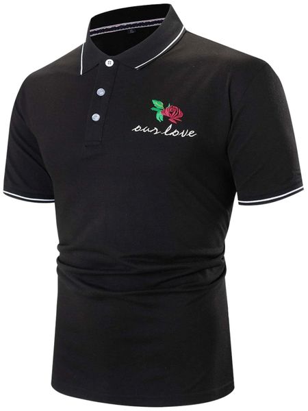 

men floral & letter embroidery contrast trim polo shirt x6tm#, White;black