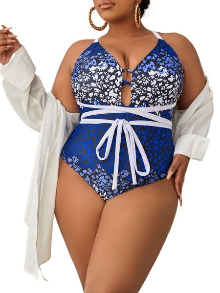 

plus allover print cut-out criss cross one piece swimsuit n6lj#, White;black