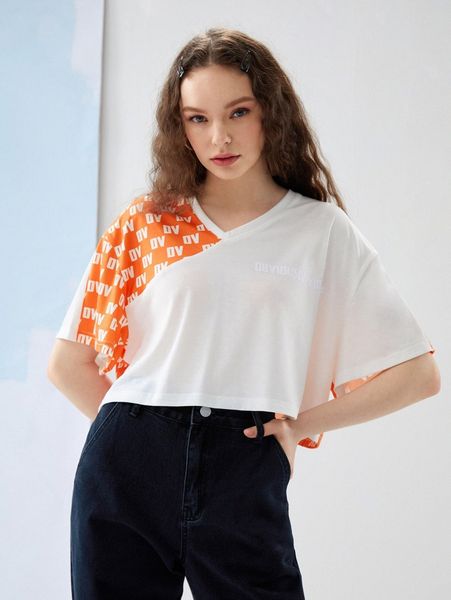

x obviously vintage letter graphic colorblock v-neck drop shoulder tee k8a2#, White