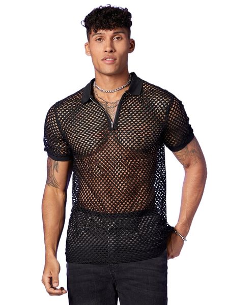 

men quarter zipper semi-sheer mesh shirt d6rq#, White;black