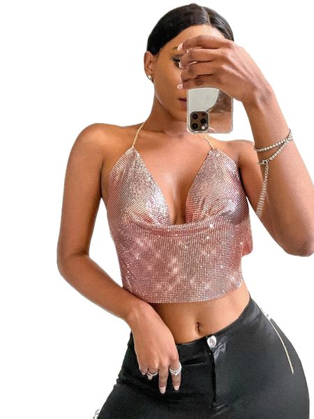 

cowl neck backless metallic chain halter 38oc#, White