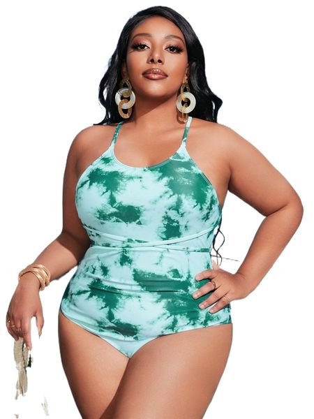 

plus tie dye lace up one piece swimsuit e6eu#, White;black