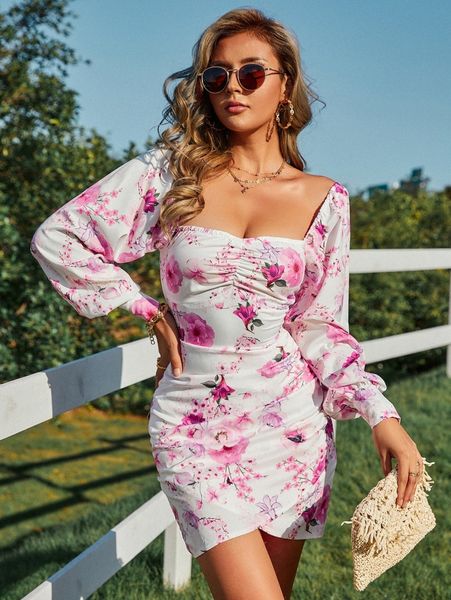 

eilly bazar floral sweetheart neck bishop sleeve bodycon dress r55e#, Black;gray