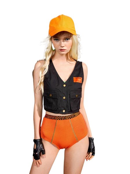 

letter patch flap pocket button through crop tank c6k1#, White