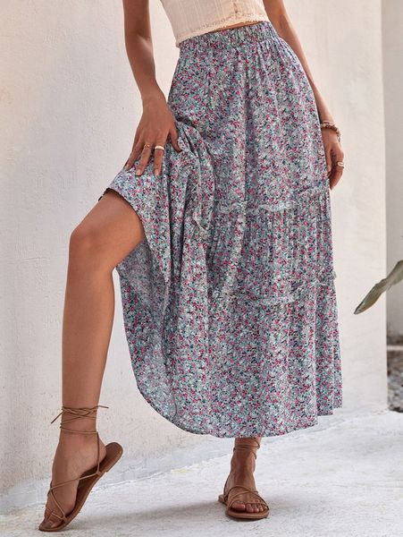 

ditsy floral ruffle hem skirt h9mi#, Black