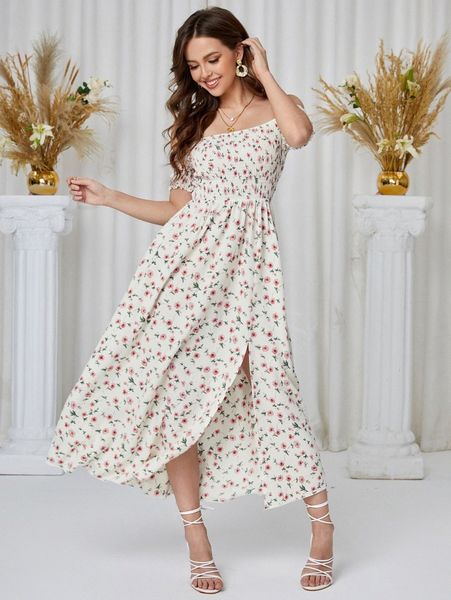 

off shoulder shirred waist allover floral dress 89tm#, Black;gray