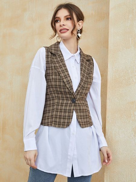 

plaid single button vest blazer without blouse t4qh#, White