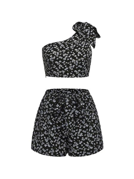 

mod ditsy floral knot one shoulder & tie front shorts s2ec#, White