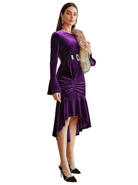 

velvet gathered mermaid dress 89rb#, Black;gray