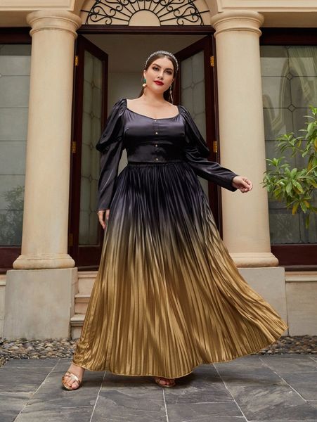 

plus button front gigot sleeve & ombre pleated skirt set e1jf#, Black