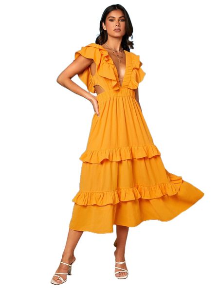 

cut out deep v neck tiered layer dress e9nm#, Black;gray