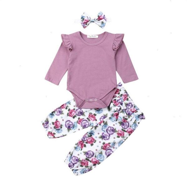 

baby girl cotton romper floral pants 3pcs outfits set autumn clothes, White