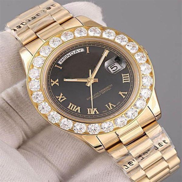 

'wristwatch brand president day date 18k gold men's watch big diamond watch automatic mechanical bezel black dial diamon234g, Slivery;brown