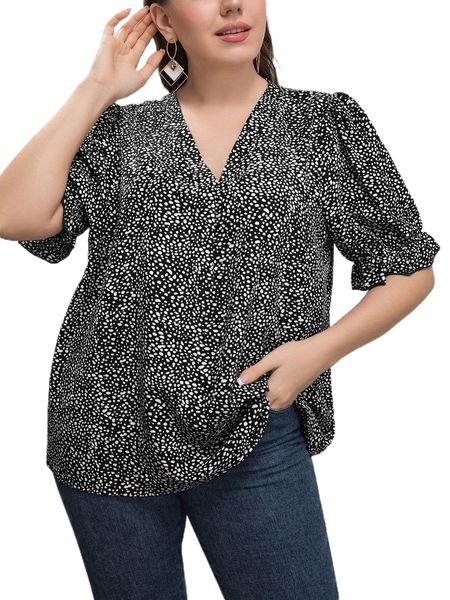 

plus allover print puff sleeve blouse n3gp#, Black