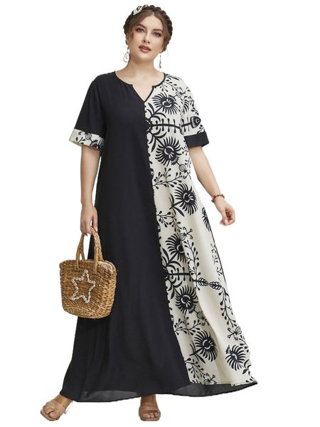 

plus plants print notched neck tunic dress l1vi#, Black