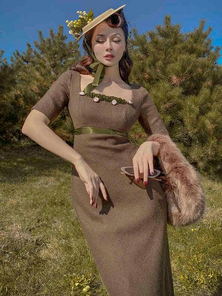 

casual dresses vintage original girl's chestnut floral french autumn and winter dress urbc, Black;gray