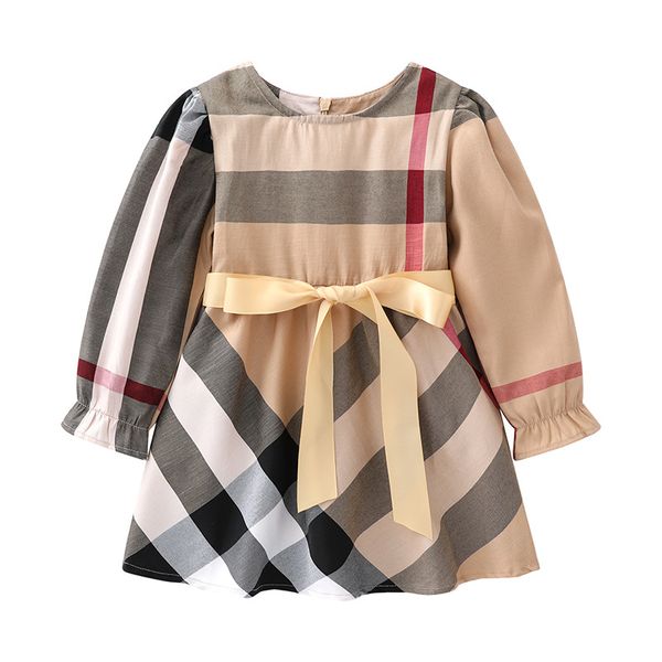 

Lovely Baby Girls Princess Dresses Cotton Round Neck Kids Long Sleeve Dress Spring Autumn Girl Plaid Skirts Children Clothes Child Skirt 1-6 Years, Khaki