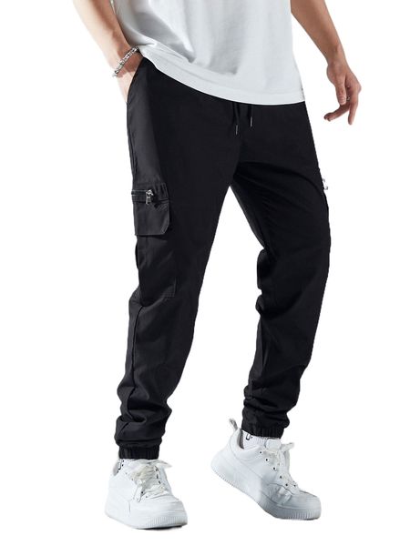 

men drawstring waist flap pocket cargo pants i7m0#, Black