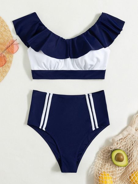 

color block ruffle trim high waisted bikini swimsuit r686#, White;black