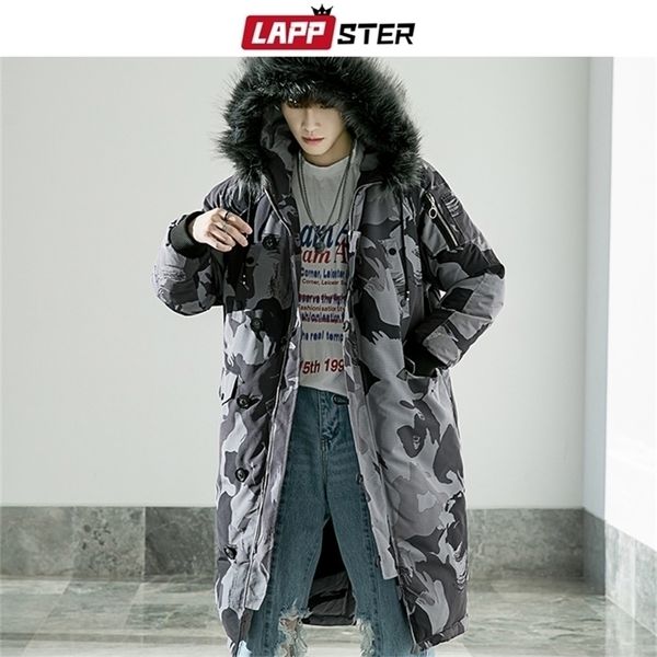 LAPPSTER Camo Winter Lange Mantel Männer Dicke Warme Camouflage Puffer Jacke Japanische Streetwear Pelz Mit Kapuze Winter Jacke Plus Größe 201128