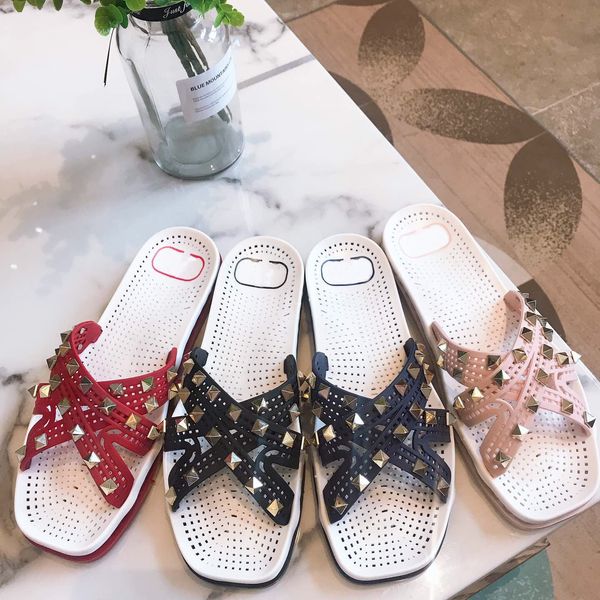 

slippers women rivet cross strap blue black red pink flat bottom casual fashion printed outdoor sports slippers with box 35-40