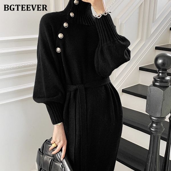 

bgteever vintage turtleneck buttons women dress 2021 autumn winter ladies vestidos full sleeve lace-up female sweater dress, Black;gray