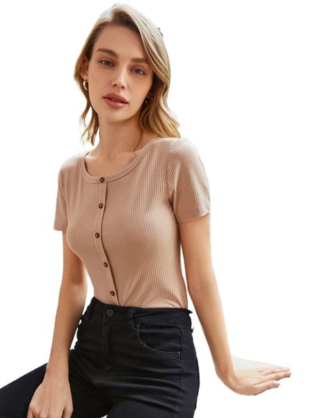 

fake button ribbed knit tee 00ex#, White