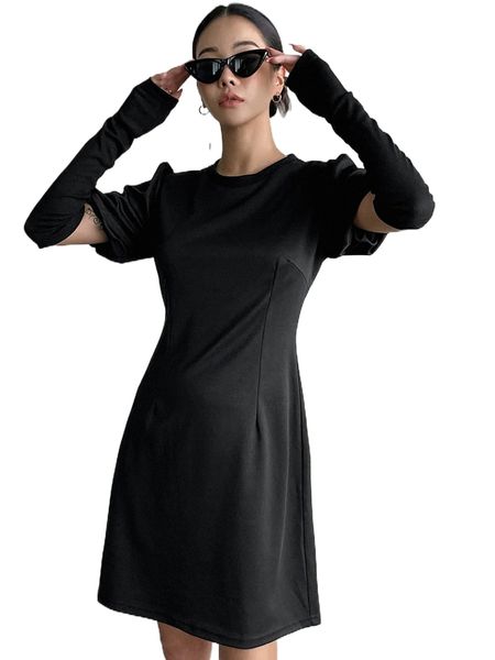 

dazy puff sleeve solid tee dress without arm sleeves 01n8#, Black;gray