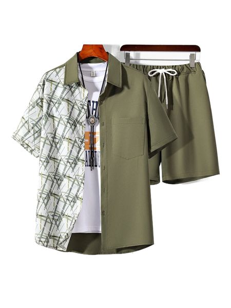 

men geo print shirt & drawstring shorts without tee l5hn#, Gray