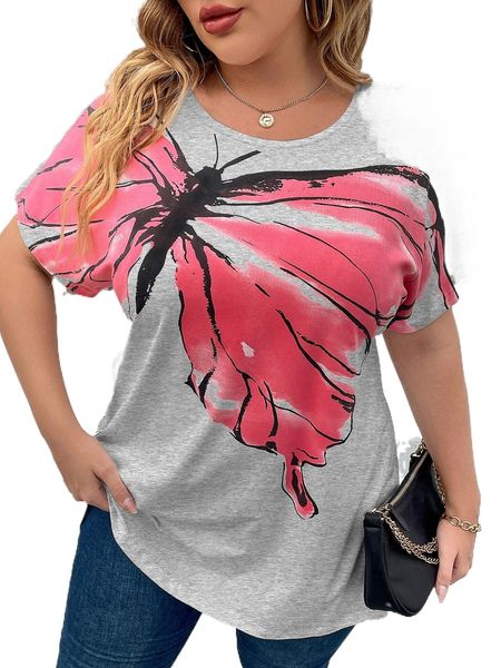 

plus butterfly print batwing sleeve tee 60uz#, Black