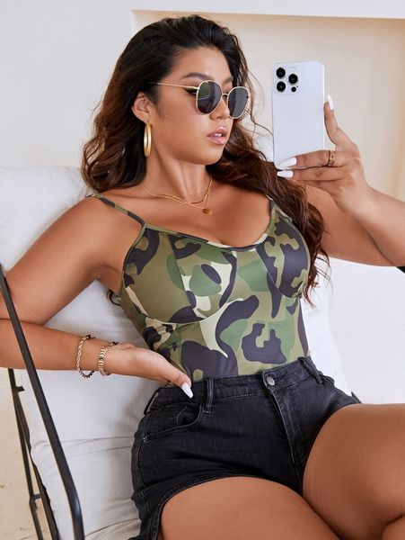 

plus camo print cami bodysuit h75m#, Black