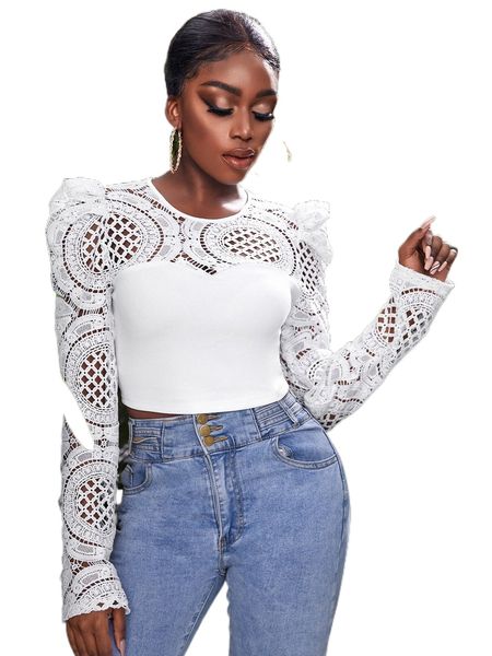 

contrast guipure lace puff sleeve e5tk#, White