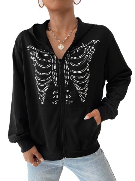 

skeleton rhinestone zip up hoodie m9ry#, Black