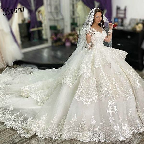 

luxury long sleeve tiered skirt ball gown wedding dress v-neck appliques lace lace up back dubai arabic bridal wedding dresses, White