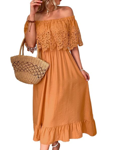 

off shoulder guipure lace overlay ruffle hem dress z8oh#, Black;gray