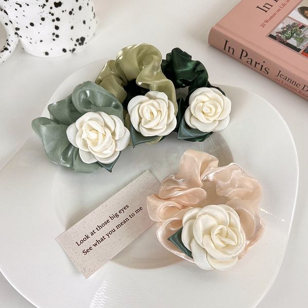 

women white rose scrunchie elastic handmade vintage hair band ponytail holder headband elegant hair accessories, Slivery;white