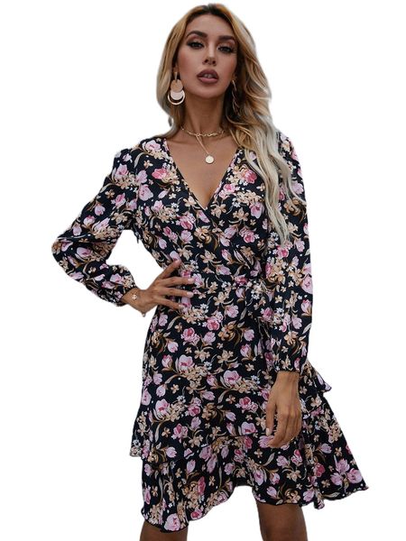 

floral print lantern sleeve ruffle hem belted dress p1sx#, Black;gray