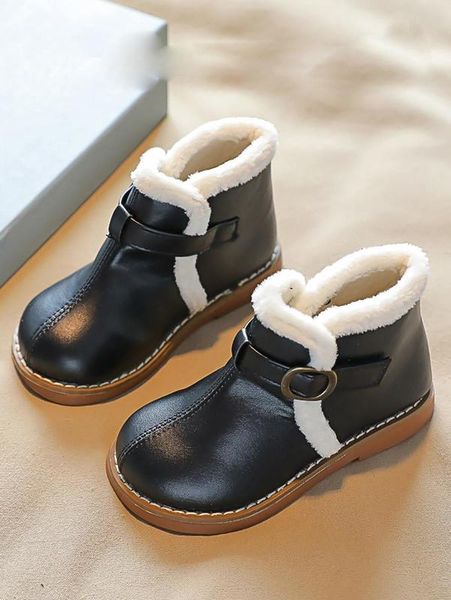 

boys buckle decor fluffy trim boots she, Black;grey