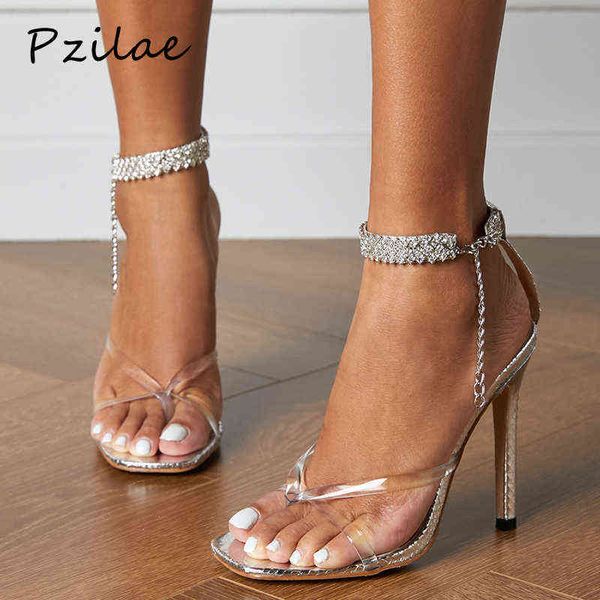 Sandali Pzilae Summer New Gold Silver Snake Pattern Donna Sexy Punta quadrata Tacchi alti Cinturino con strass Scarpe da festa Big Size 3542 220704