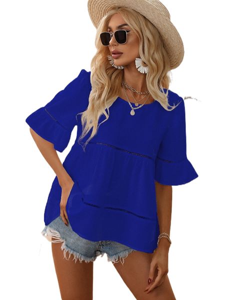 

guipure lace insert flounce sleeve ruffle hem blouse s1r4#, White
